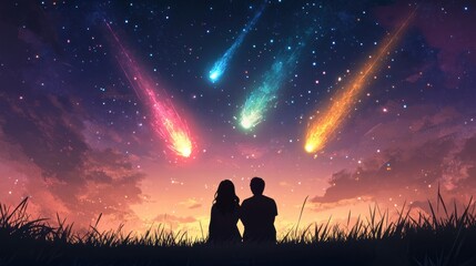 Two people sitting in a field watching colorful shooting stars, AI