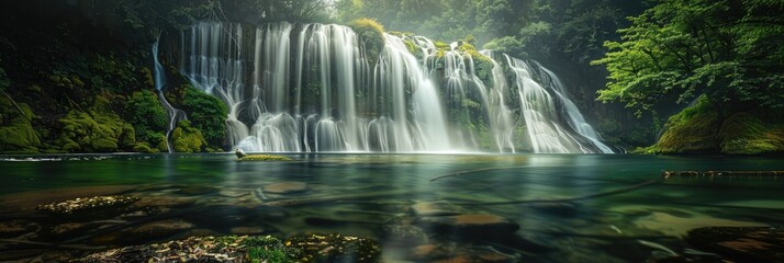 Wall Mural - Elegant Long Exposure Capture of a Forest Waterfall's Fluid Motion