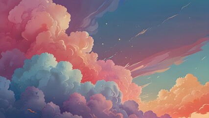 Wall Mural - Abstract kawaii Cloudy Colorful Sky background. Soft gradient pastel Comic graphic. Concept for wedding card design or presentation Generative AI