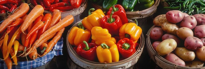 Canvas Print - Colorful peppers, carrots, and potatoes available at a local market