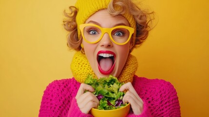 Poster - A woman in yellow sweater and glasses holding a bowl of salad, AI