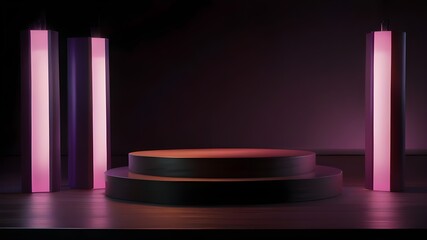 Wall Mural - Background of empty dark podium with pink and purple lights Generative AI