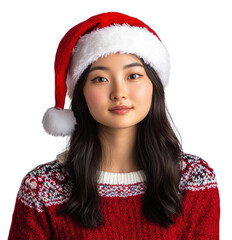 Young woman in a festive red sweater and Santa hat smiling cheerfully indoors during the holiday season, cut out - stock png.