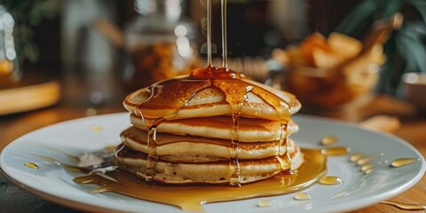 Wall Mural - Fluffy Pancakes with Honey Drizzle on a White Plate