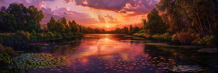 Sticker - A Tranquil River Wends Its Way Through Dense Woods Reflecting a Glowing Sunset Sky, With Lily Pads Scattered Across the Calm Water, Adding to the Serene Ambiance