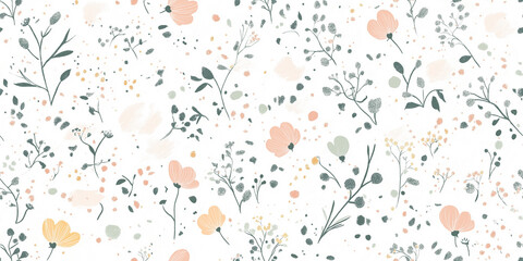 Wall Mural - Soft floral pattern with light, pastel-colored flowers and delicate leaves scattered on a white background, evoking a gentle and calming atmosphere.