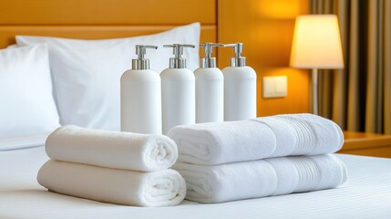 Canvas Print - A bed with towels and soap dispensers on top of it, AI