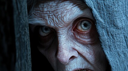 Poster - A close up of a creepy old woman with big eyes, AI