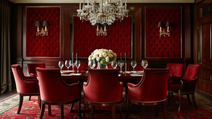 Wall Mural - An elegant dining room with walls adorned in a rich and regal burgundy fabric adding a touch of opulence to the space.