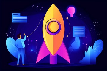 Sticker - Colorful startup launch concept with rocket and abstract figures representing innovation and growth