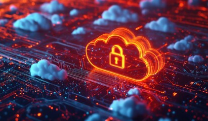 Poster - digital illustration of a padlock icon inside a cloud representing cyber security in technology, neo