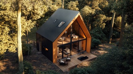 Poster - Modern cabin with black roof and large windows in a forest setting.