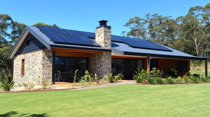 Modern stone and wood house with solar panels on the roof and a lawn in front.