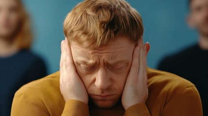 Wall Mural - A man with his hands on the sides of his face, AI