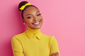 Vibrant yellow attire enhances the joyful expression of a young woman highlighting modern fashion trends