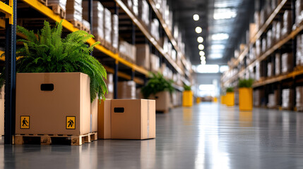 Wall Mural - Warehouse Interior with Fern Plant and Cardboard Boxes, perfect for Industrial & Business Designs.