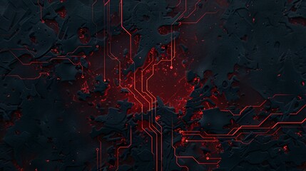 Abstract digital background with red circuitry patterns on a dark surface.