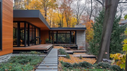 Sticker - Modern home with wooden siding and large windows overlooking a stone patio and autumn foliage.