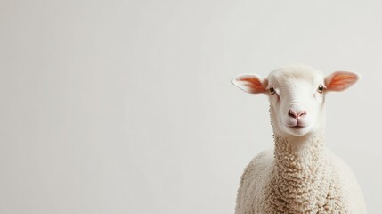 Poster - A white sheep with brown ears looking directly at the camera on a light background.