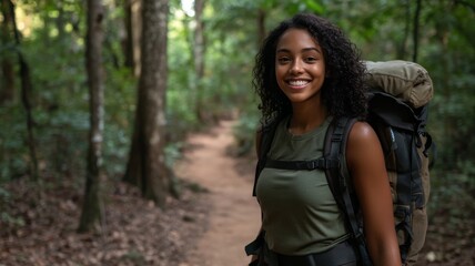 portrait of a teenage african american female in hiking gear on a trail