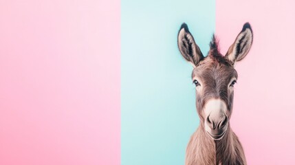 Wall Mural - Cute donkey portrait on blue and pink background.