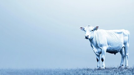 Poster - A white cow standing in a field on a foggy day with a blue sky in the background.