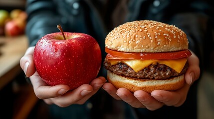 Wall Mural - A person choosing between healthy and unhealthy food highlights the difference in eating habits.