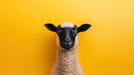 Sticker - A sheep with black face and ears looks directly at the camera against a yellow background.