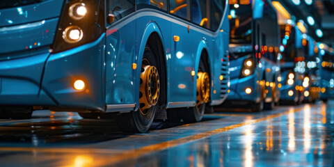 Close-up of a row of modern blue buses parked inside a well-lit depot, focusing on the wheels and headlights.