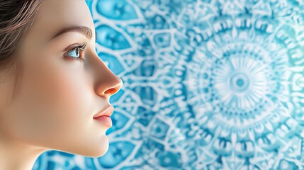 Poster - Close-up portrait of a woman's face, looking to the right, against a blue and white mandala background.