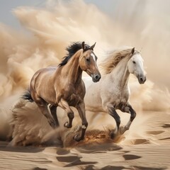 Naklejka na meble Two horse run free in desert sand