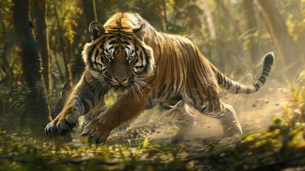 big tiger running in the forest,