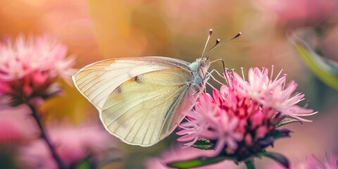 Sticker - Macro shot of a cabbage butterfly perched on a delicate pink flower with soft focus