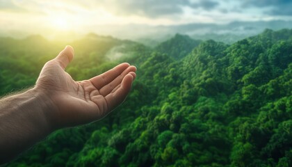 Hand Reaching Towards Lush Green Forest Landscape on Digital Screen, Gesture-based Mockup for Sustainable Living, Environmental Conservation, and Nature Preservation Promotion, Clean and Modern Design