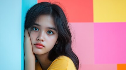 Poster - Young woman with long dark hair, wearing a yellow shirt,  leans her head against a blue wall