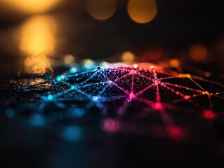 Wall Mural - Abstract Network of Glowing Dots and Lines in Dark Background with Colorful Bokeh Lights
