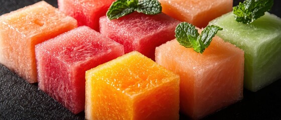 Colorful Assorted Fruit Cubes with Fresh Mint Leaves on Black Slate Background