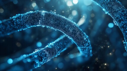 Digital Transformation. Binary data flowing along a wire cable with depth 3 topaz enhance 4x...