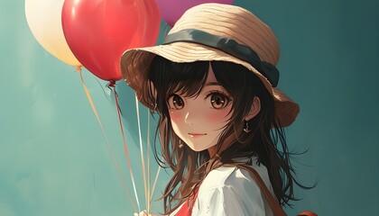 A girl was holding balloons and wearing a red dress with a straw hat, with a soft background.