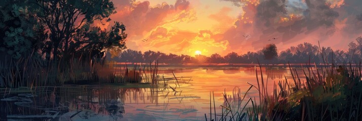 Wall Mural - Sunset over a lake framed by trees and a grassy meadow with reeds.