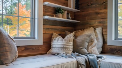 Wall Mural - A cozy reading nook surrounded by a wood grain feature wall creating a serene and natural ambiance.