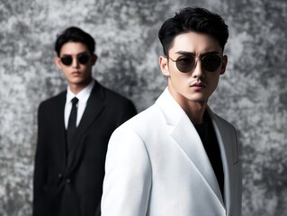 Stylish Men in Modern Fashion Suits and Sunglasses Posing Against a Textured Background