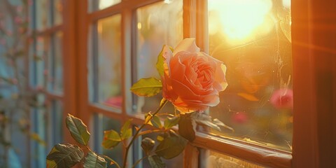 Poster - Pink English Princess rose blooming next to a window