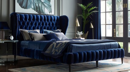 Wall Mural - Bring a touch of Old Hollywood glamour to your bedroom with this opulent velvet upholstered bed in a deep midnight blue shade.