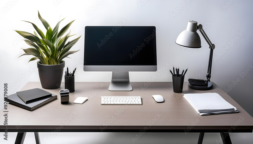An office desk setup featuring a computer and laptop with various tech ...