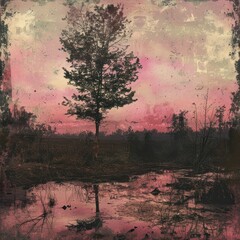 A solitary tree stands tall against a vibrant pink and yellow sky reflecting in a still pond