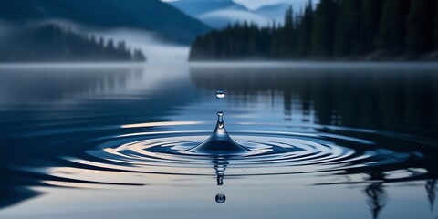 A single water droplet creates ripples in the serene lake, symbolizing the importance of recycling and reusing water to conserve precious drinking water resources