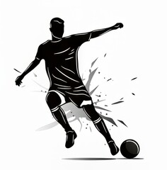 Dynamic silhouette of a male soccer player kicking a ball with energy.