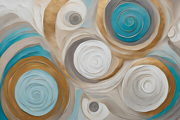 Minimalistic abstract oil painting  rock garden with textured spiral circles textured background large strokes white beige grey light cyan gold colors