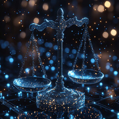 Wall Mural - Digital scales of justice made from glowing particles on a dark background
